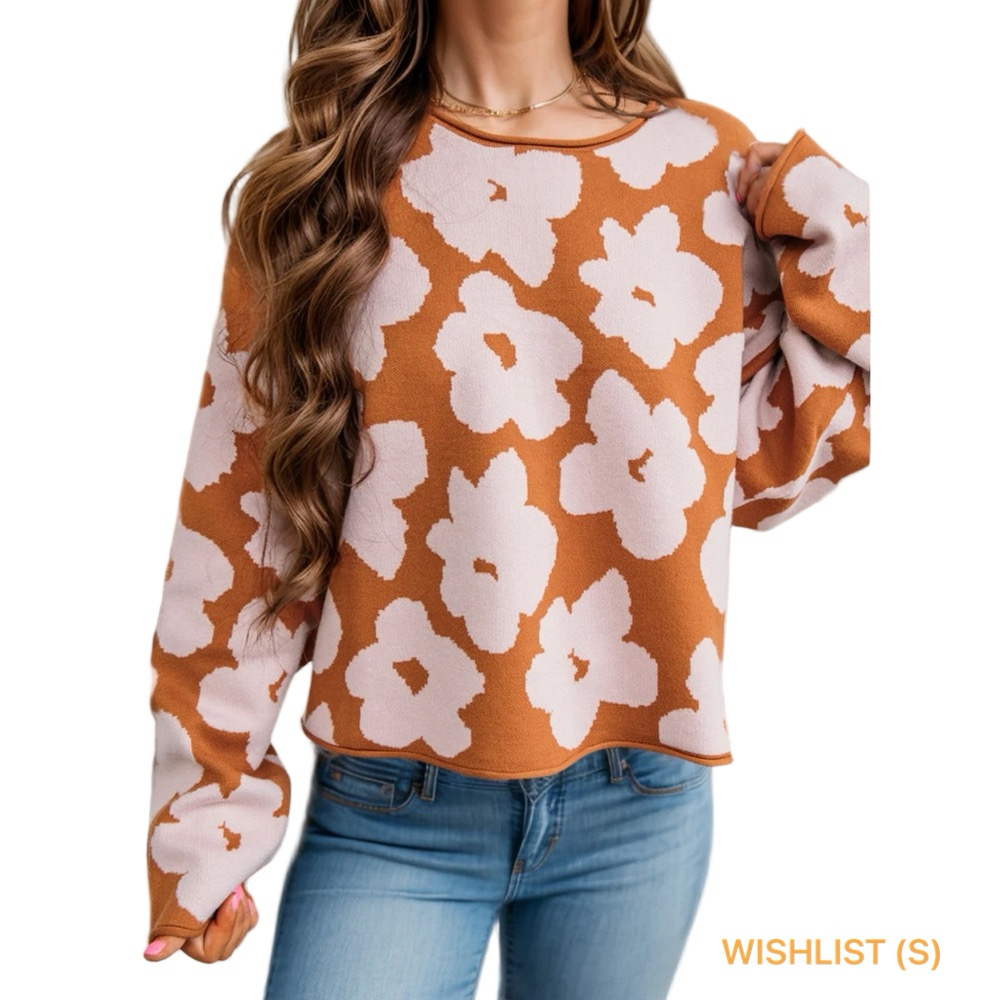 🪗Wishlist round neck long sleeve knit Orange and White Floral Sweater size S GUC